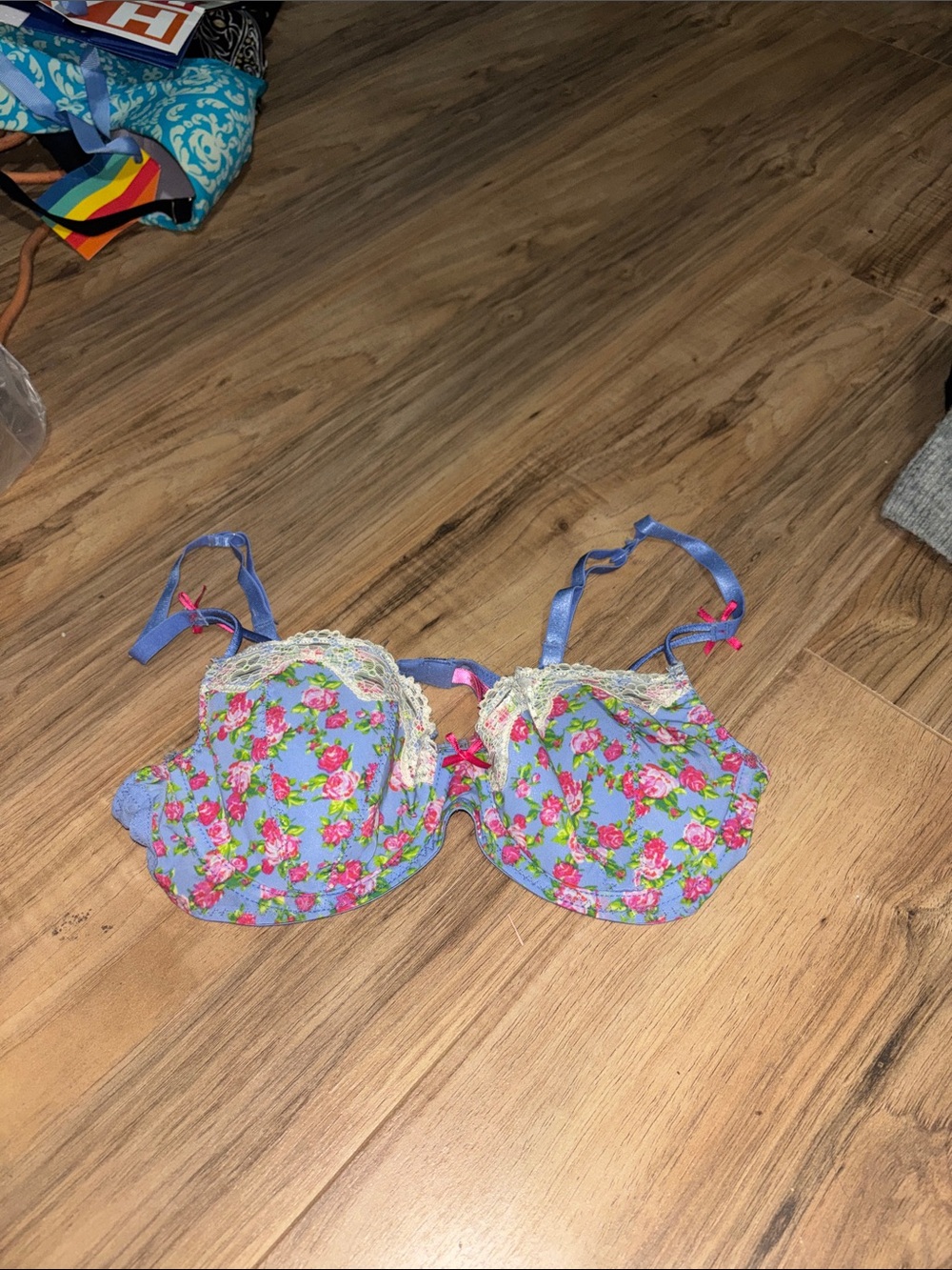 Floral Lace Trim Underwire Bra - Blue/Pink